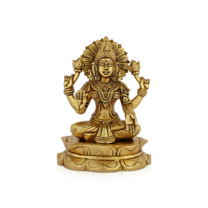 Lakshmi Sitting On Lotus Base Murti - 6 x 4.5 Inches | Antique Brass Idol / Laxmi Statue For Pooja