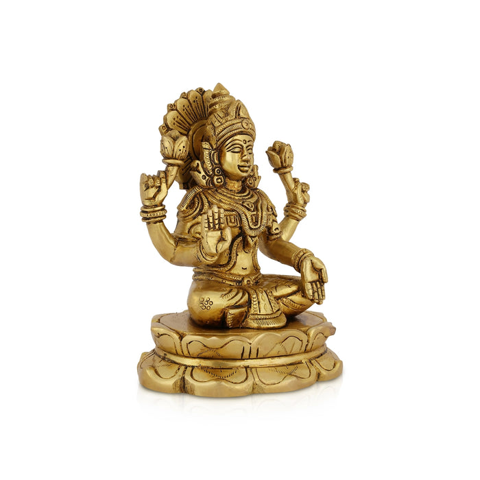Lakshmi Sitting On Lotus Base Murti - 6 x 4.5 Inches | Antique Brass Idol / Laxmi Statue For Pooja