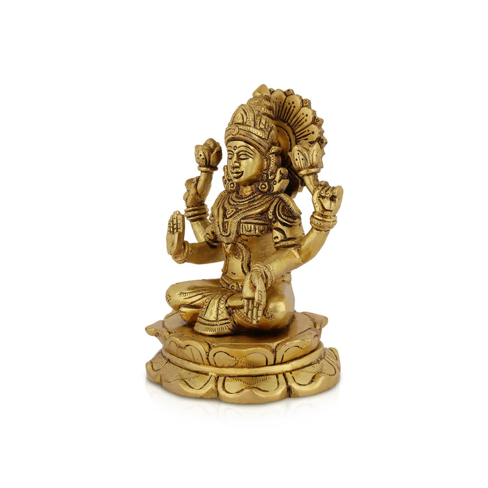 Lakshmi Sitting On Lotus Base Murti - 6 x 4.5 Inches | Antique Brass Idol / Laxmi Statue For Pooja