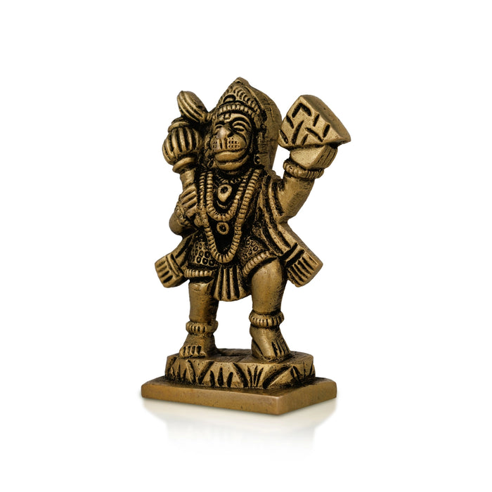 Anjaneya Statue Carrying Sanjeevani- 3 X 1.5 Inches | Antique Brass Idol/ Standing Hanuman Statue For Strength - Brass Murties