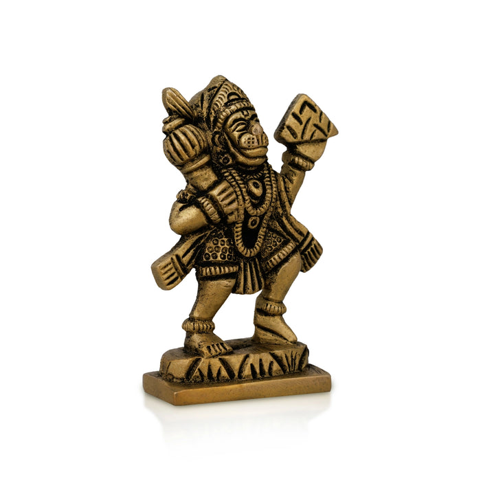 Anjaneya Statue Carrying Sanjeevani- 3 X 1.5 Inches | Antique Brass Idol/ Standing Hanuman Statue For Strength - Brass Murties