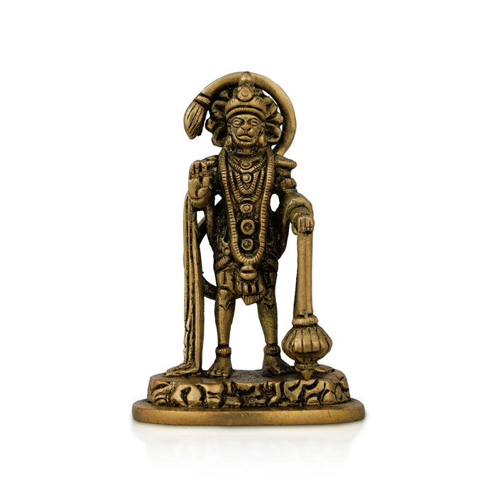 Anjaneya Statue Standing On Base - 4.5 X 1.75 Inches | Antique Brass Idol/ Hanuman Statue Mandi For Pooja - Brass Murties