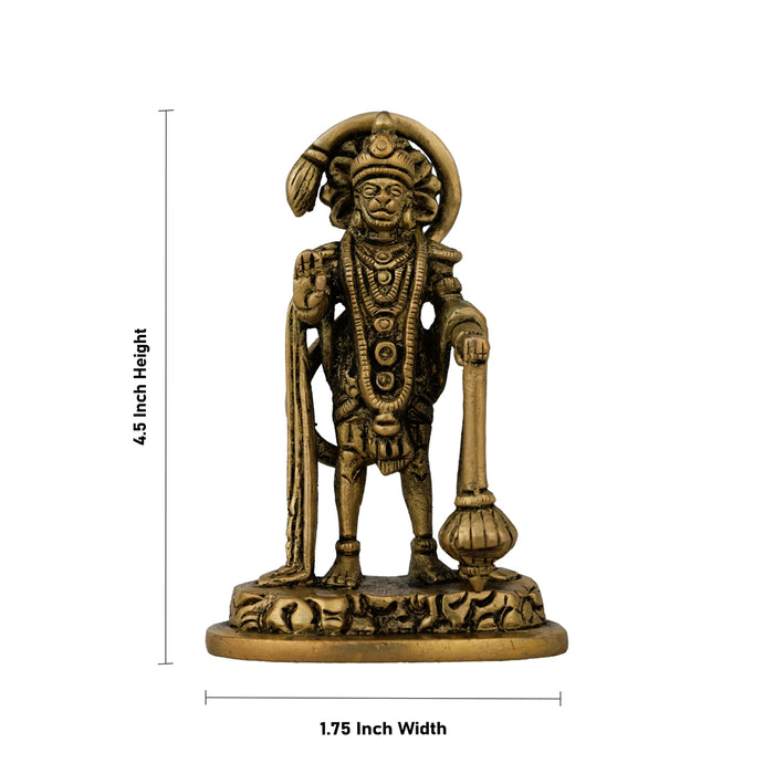 Anjaneya Statue Standing On Base - 4.5 X 1.75 Inches | Antique Brass Idol/ Hanuman Statue Mandi For Pooja - Brass Murties