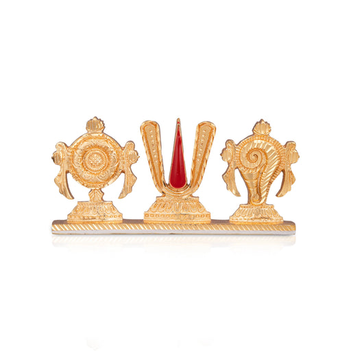 Shankh Chakra Tilak Stand - 2 x 4 Inches | Gold Polish Chakra Tilak Shankh for Pooja/ 100 Gms Approx - Table Stand Accessories