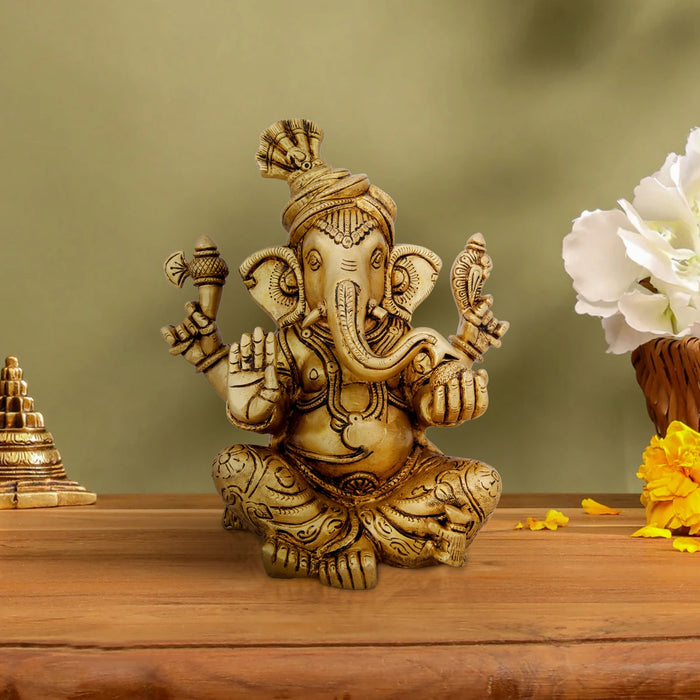 Pagadi Ganesh Murti - 10 x 7.5 Inches | Antique Brass Idol/ Ganpati Idol/ Vinayaka Statue for Pooja/ 5.500 Kgs