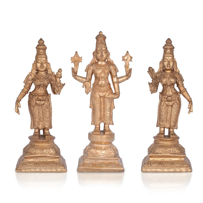 Perumal Sridevi Bhudevi Murti - 10 x 4.5 Inches| Panchloha Idol/ Perumal with Sridevi Bhudevi Statue For Pooja - Panchaloha Murties