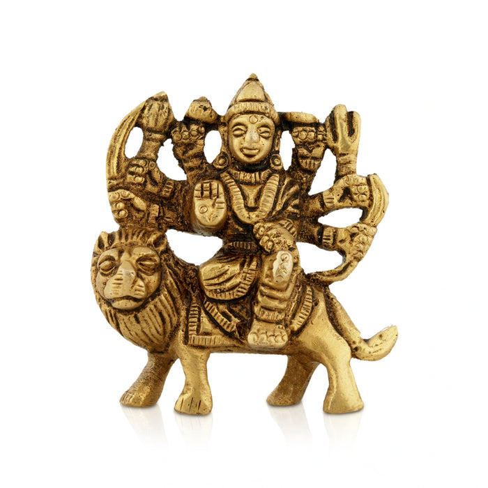Durga Idol Sitting On Lion With 8 Hands - 2.5 x 2.5 Inches | Antique Brass Idol/ Durga Statue for Pooja/ 120 Gms - Brass Murties