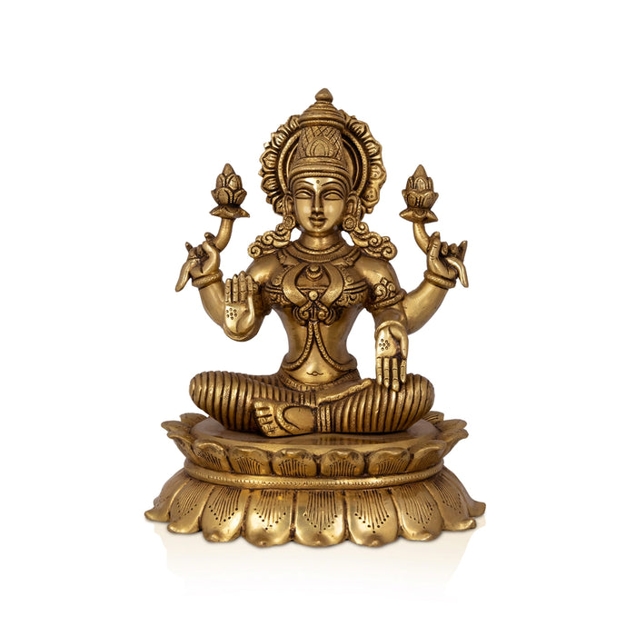 Lakshmi Sitting On Kamal Base Murti - 6 x 4 Inches | Antique Brass Idol/ Lakshmi Murti/ Laxmi Statue for Pooja - Brass Murties