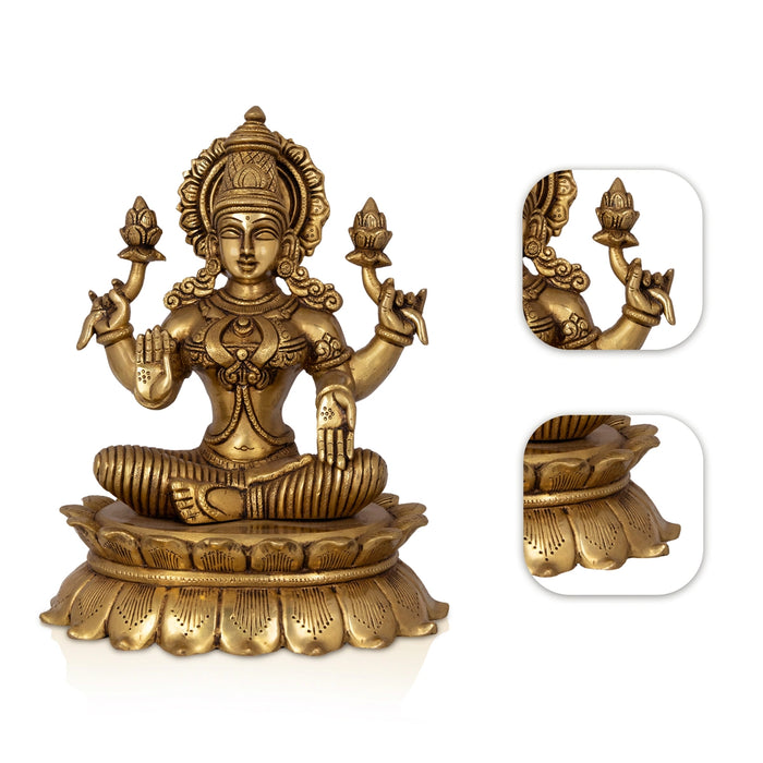 Lakshmi Sitting On Kamal Base Murti - 6 x 4 Inches | Antique Brass Idol/ Lakshmi Murti/ Laxmi Statue for Pooja - Brass Murties