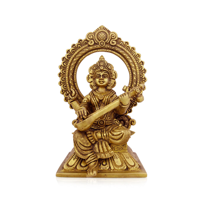 Saraswati Murti With Arch - 8 x 5.5 Inches | Antique Brass Idol/ Saraswati Idol for Pooja/ 2.060 Kgs Approx - Brass Murties