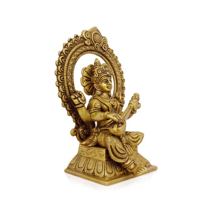 Saraswati Murti With Arch - 8 x 5.5 Inches | Antique Brass Idol/ Saraswati Idol for Pooja/ 2.060 Kgs Approx - Brass Murties