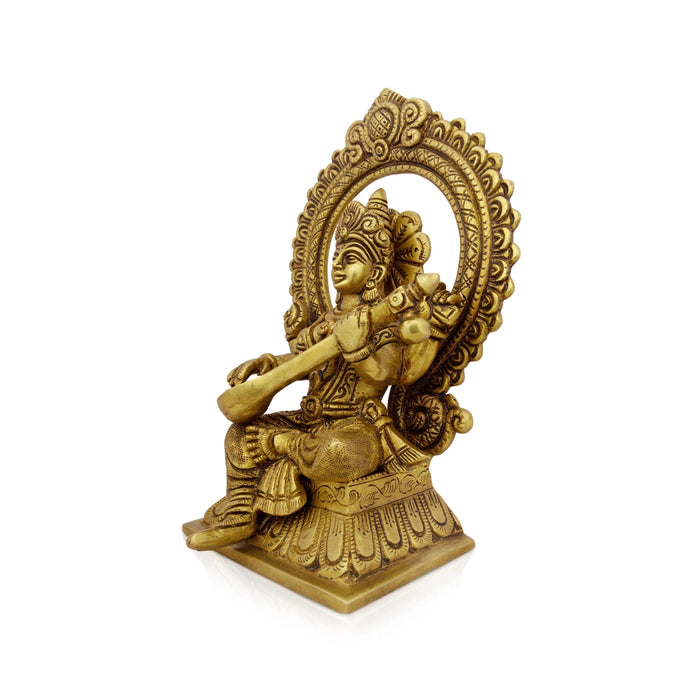 Saraswati Murti With Arch - 8 x 5.5 Inches | Antique Brass Idol/ Saraswati Idol for Pooja/ 2.060 Kgs Approx - Brass Murties