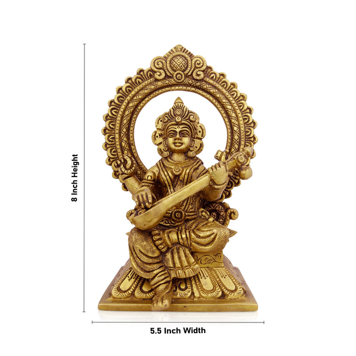 Saraswati Murti With Arch - 8 x 5.5 Inches | Antique Brass Idol/ Saraswati Idol for Pooja/ 2.060 Kgs Approx - Brass Murties