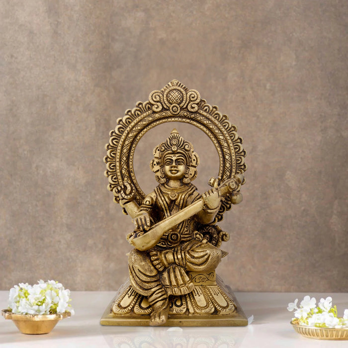 Saraswati Murti With Arch - 8 x 5.5 Inches | Antique Brass Idol/ Saraswati Idol for Pooja/ 2.060 Kgs Approx - Brass Murties