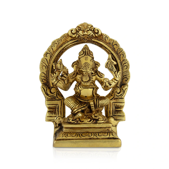Ganesha Sitting On Square Base with Arch Murti - 5.5 x 4.5 Inches | Antique Brass Statue/ Vinayagar Idol For Pooja - Brass Murties