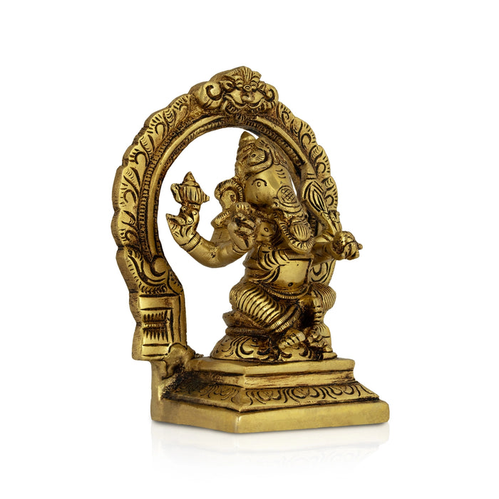 Ganesha Sitting On Square Base with Arch Murti - 5.5 x 4.5 Inches | Antique Brass Statue/ Vinayagar Idol For Pooja - Brass Murties