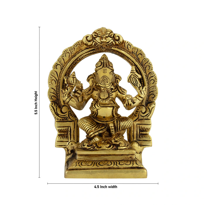 Ganesha Sitting On Square Base with Arch Murti - 5.5 x 4.5 Inches | Antique Brass Statue/ Vinayagar Idol For Pooja - Brass Murties
