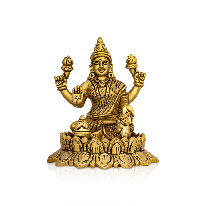 Lakshmi Idol Sitting On Lotus Flower - 5.5 x 4.5 Inches | Antique Brass Idol/ Laxmi Idol for Pooja - Brass Murties
