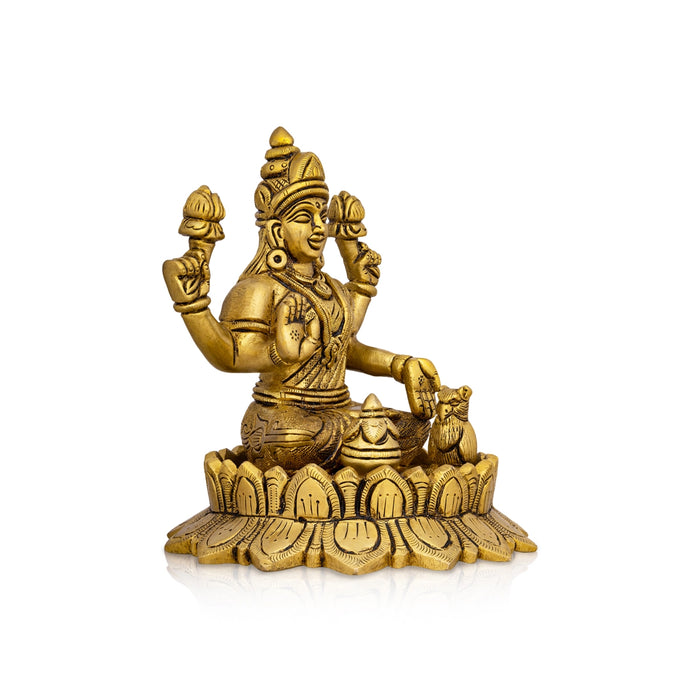 Lakshmi Idol Sitting On Lotus Flower - 5.5 x 4.5 Inches | Antique Brass Idol/ Laxmi Idol for Pooja - Brass Murties