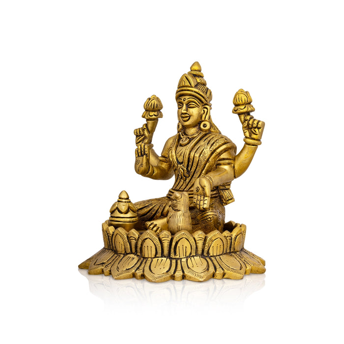 Lakshmi Idol Sitting On Lotus Flower - 5.5 x 4.5 Inches | Antique Brass Idol/ Laxmi Idol for Pooja - Brass Murties