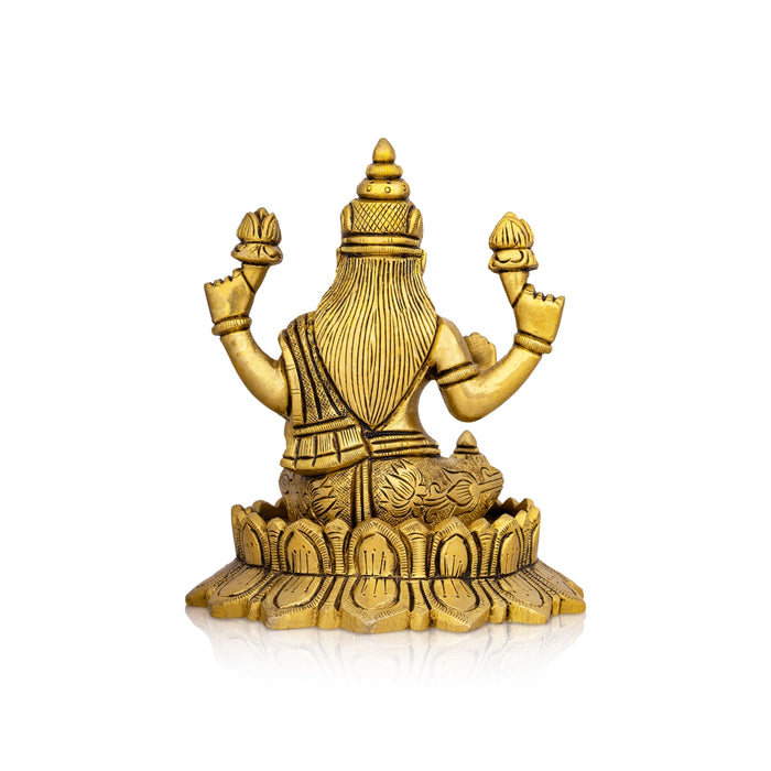 Lakshmi Idol Sitting On Lotus Flower - 5.5 x 4.5 Inches | Antique Brass Idol/ Laxmi Idol for Pooja - Brass Murties