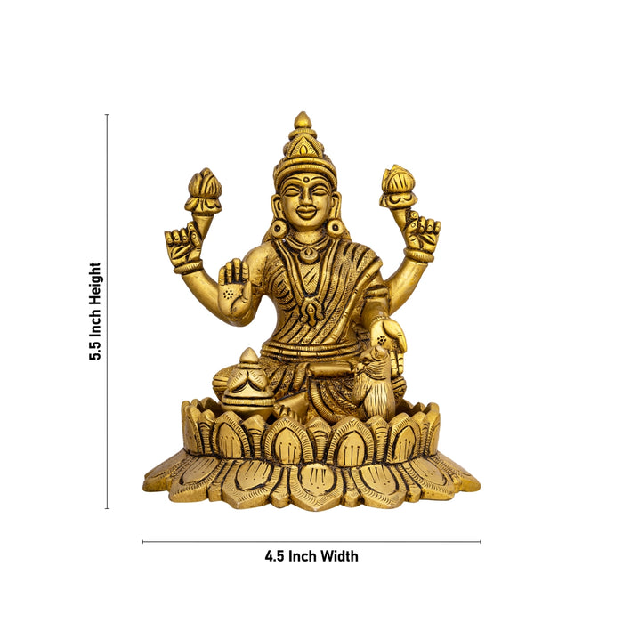 Lakshmi Idol Sitting On Lotus Flower - 5.5 x 4.5 Inches | Antique Brass Idol/ Laxmi Idol for Pooja - Brass Murties