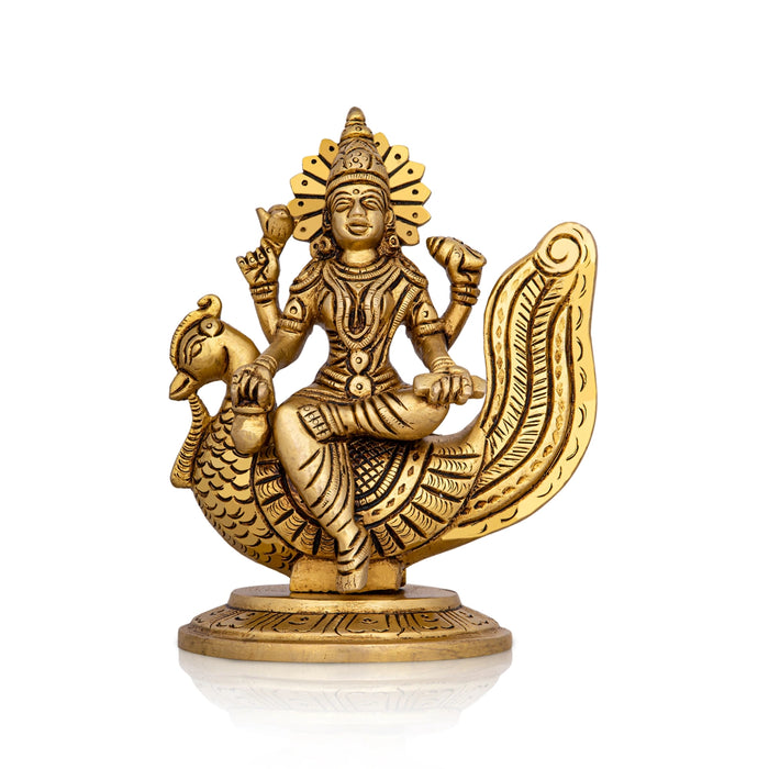 Gayatri Devi Sitting On Annam - 5.5 x 4.5 Inches | Antique Brass Idol/ Gayathri Devi for Pooja/ 1.200 Kgs Approx - Brass Murties
