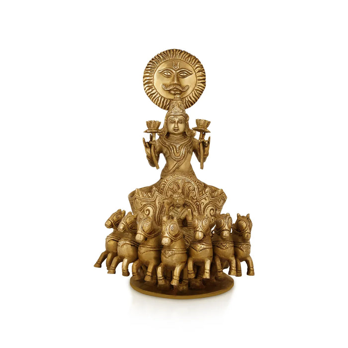 Lord Surya With Ratham Murti- 12 x 7 inches | Antique Brass Idol/ Surya Bhagwan statue for pooja decor - Brass Murties