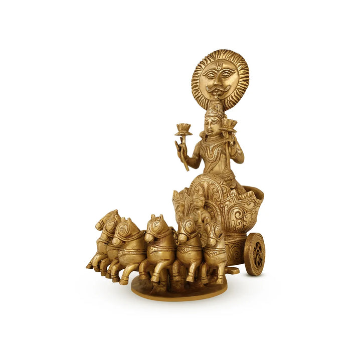 Lord Surya With Ratham Murti- 12 x 7 inches | Antique Brass Idol/ Surya Bhagwan statue for pooja decor - Brass Murties