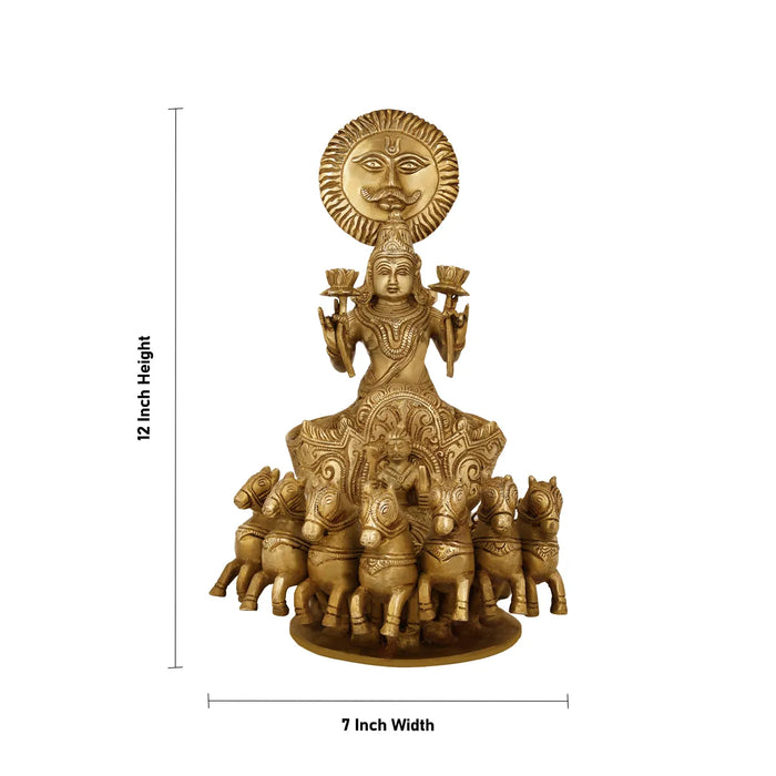 Lord Surya With Ratham Murti- 12 x 7 inches | Antique Brass Idol/ Surya Bhagwan statue for pooja decor - Brass Murties