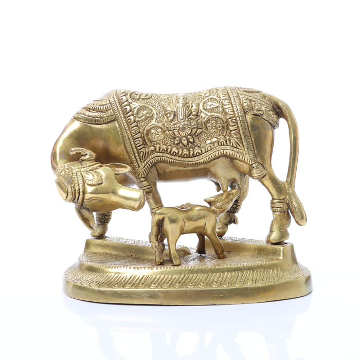 Kamadhenu Statue - 5.5 Inches | Brass Idol/ Cow and Calf Idol/ Kamadhenu Idol for Pooja - Table Stand Accessories
