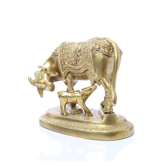Kamadhenu Statue - 5.5 Inches | Brass Idol/ Cow and Calf Idol/ Kamadhenu Idol for Pooja - Table Stand Accessories