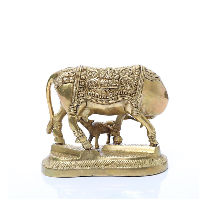 Kamadhenu Statue - 5.5 Inches | Brass Idol/ Cow and Calf Idol/ Kamadhenu Idol for Pooja - Table Stand Accessories