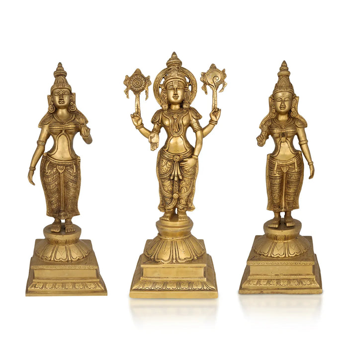 Perumal Sridevi Bhudevi Murti - 23.5 x 10.5 Inches |Antique Brass Idol/ Perumal with Sridevi Bhudevi Statue For Pooja - Brass Murties