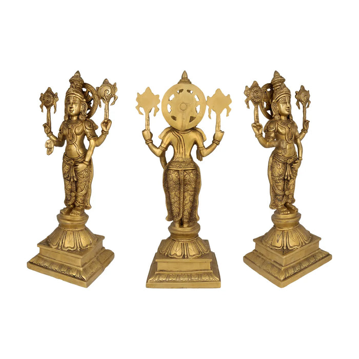 Perumal Sridevi Bhudevi Murti - 23.5 x 10.5 Inches |Antique Brass Idol/ Perumal with Sridevi Bhudevi Statue For Pooja - Brass Murties