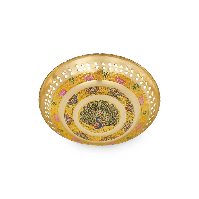 Brass Bowl With Base - 2.5 x 7.5 Inches | Coloured Brass Cup/ Peacock Design Pooja Bowl for Home - Bowls
