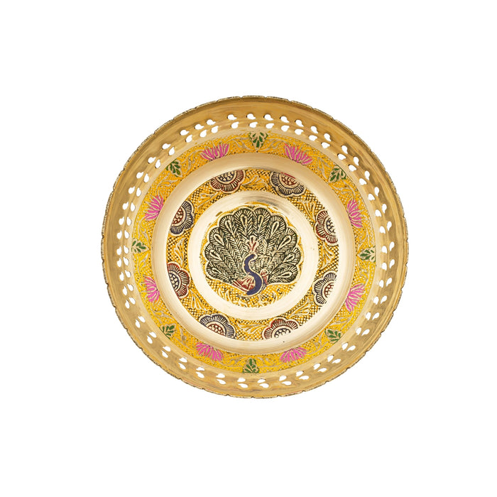 Brass Bowl With Base - 2.5 x 7.5 Inches | Coloured Brass Cup/ Peacock Design Pooja Bowl for Home - Bowls
