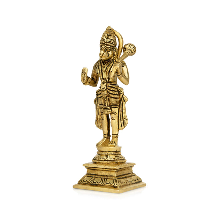 Anjaneya Statue Standing On Base - 7 x 2 Inches | Antique Brass Idol/ Ashirwad Hanuman Statue for Pooja - Brass Murties