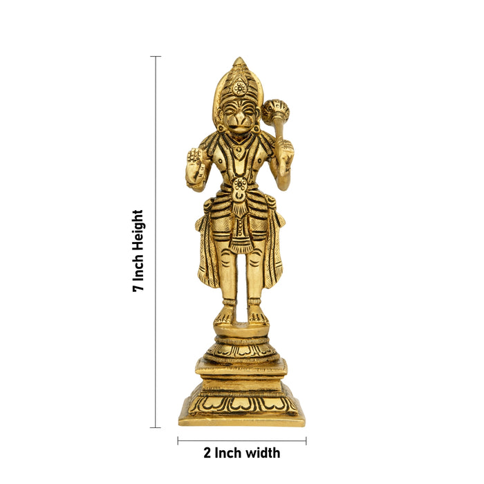 Anjaneya Statue Standing On Base - 7 x 2 Inches | Antique Brass Idol/ Ashirwad Hanuman Statue for Pooja - Brass Murties