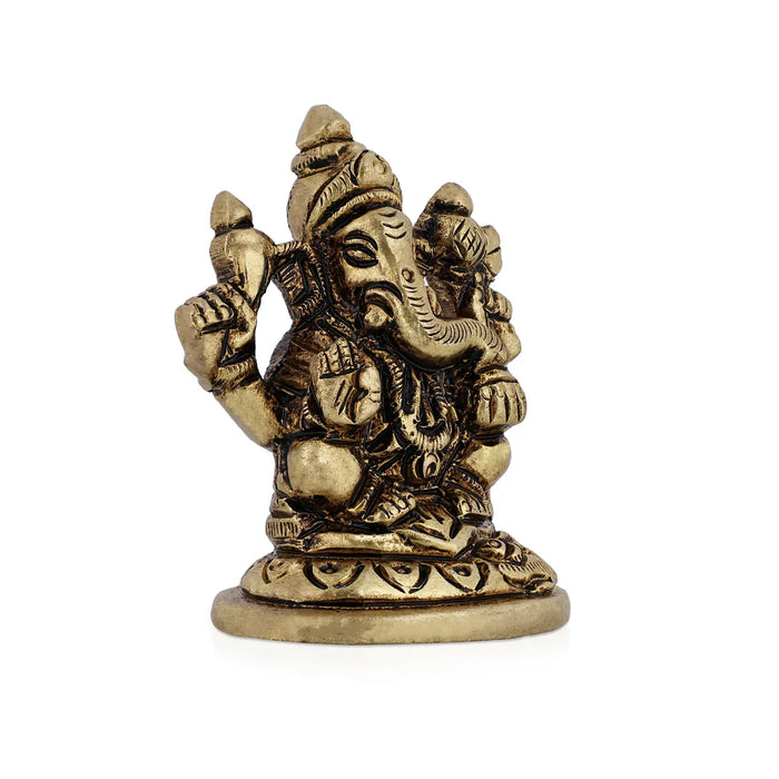 Ganesh Murti Sitting On Base - 2 X 1.5 Inches | Antique Brass Idol/ Ganpati Murti For Home Pooja - Brass Murties