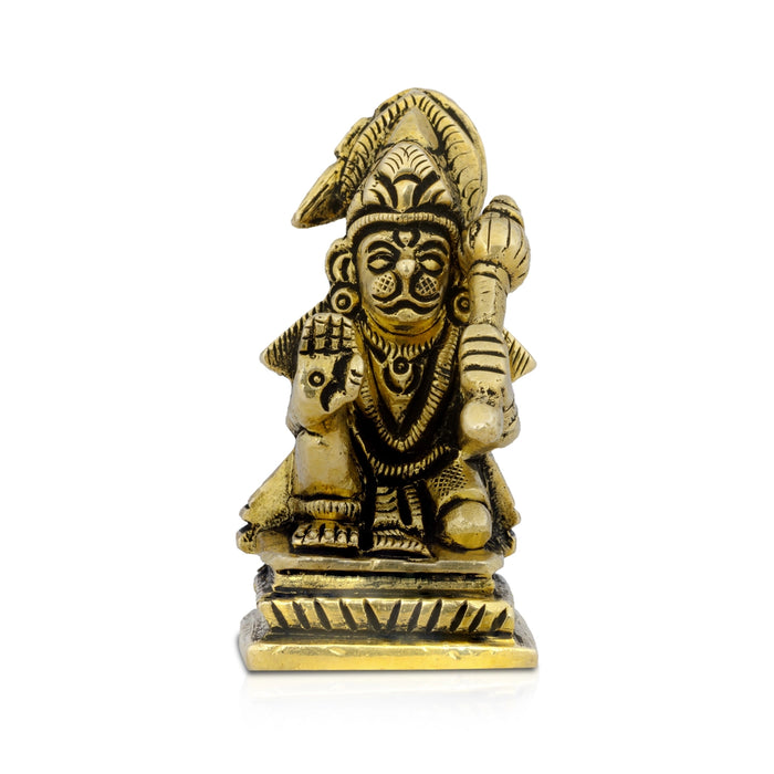 Hanuman Sitting On Base Murti - 2 x 1 Inches | Antique Brass Idol / Anjaneyar Statue For Pooja