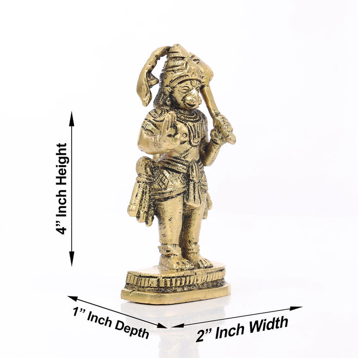 Anjaneya Statue Standing On Base - 4 X 2 Inches | Antique Brass Idol/ Hanuman Statue For Pooja And Worship - Brass Murties