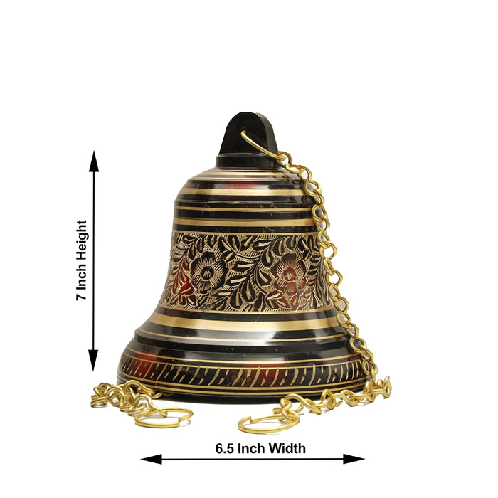 Brass Hanging Bell Enamel With Chain - 7 x 6.5 Inches | Mandir Bell/ Hanging Bell for Pooja Room/ 1.250 Kgs - Pooja Bells