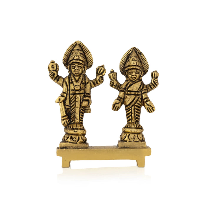 Vishnu Lakshmi Standing On Chowki Murti - 2.5 x 2.5 Inches | Antique Brass Idol/ Vishnu Lakshmi Statue For Pooja - Brass Murties