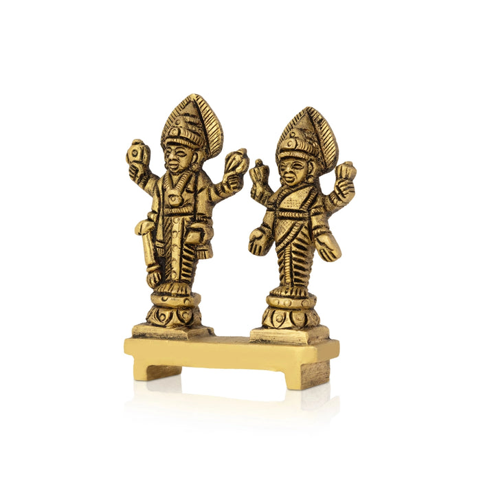 Vishnu Lakshmi Standing On Chowki Murti - 2.5 x 2.5 Inches | Antique Brass Idol/ Vishnu Lakshmi Statue For Pooja - Brass Murties