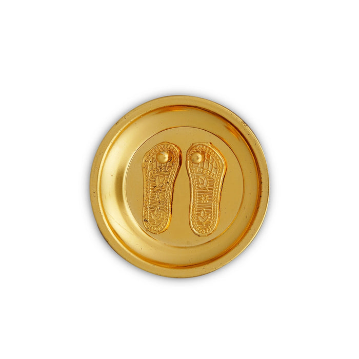 Vishnu Charan Paduka - 2.5 Inches | Gold Polish Vishnu Padham With Plate/ Vishnu Paduka for Pooja/ 20 Gms Approx - Pooja Box & Paduka