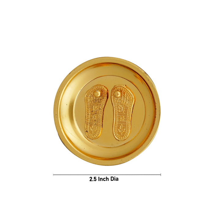 Vishnu Charan Paduka - 2.5 Inches | Gold Polish Vishnu Padham With Plate/ Vishnu Paduka for Pooja/ 20 Gms Approx - Pooja Box & Paduka