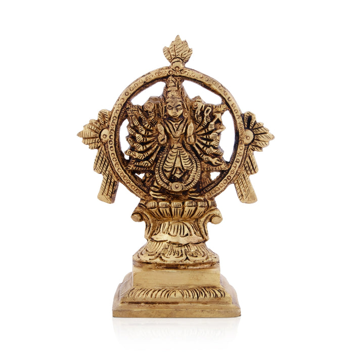 Chakrathazhwar Idol - 5 x 3.5 Inches | Antique Brass Idol/ Chakrathalwar Statue for Pooja/ 480 Gms Approx - Brass Murties