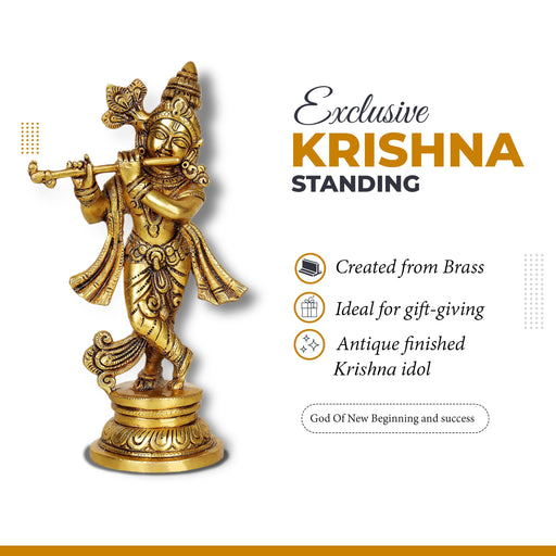 Krishnan Statue  - 10 x 5 Inches |  Brass Idol/ Krishna Idol/ Lord Krishna Standing/ Krishna Murti for Pooja - Brass Murties