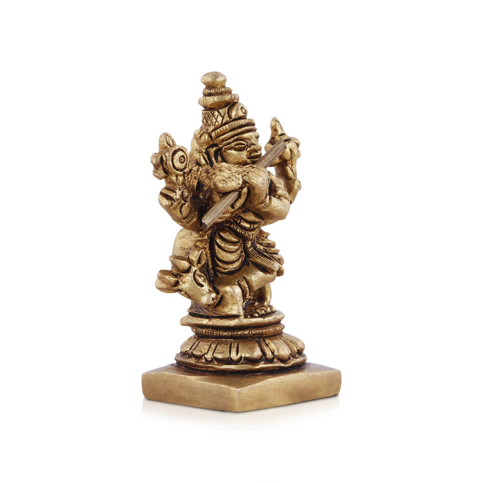 Krishna Statue with Cow - 2 x 1.5 Inches | Antique Brass Idol/ Cow Krishna for Pooja/ 80 Gms Approx - Brass Murties